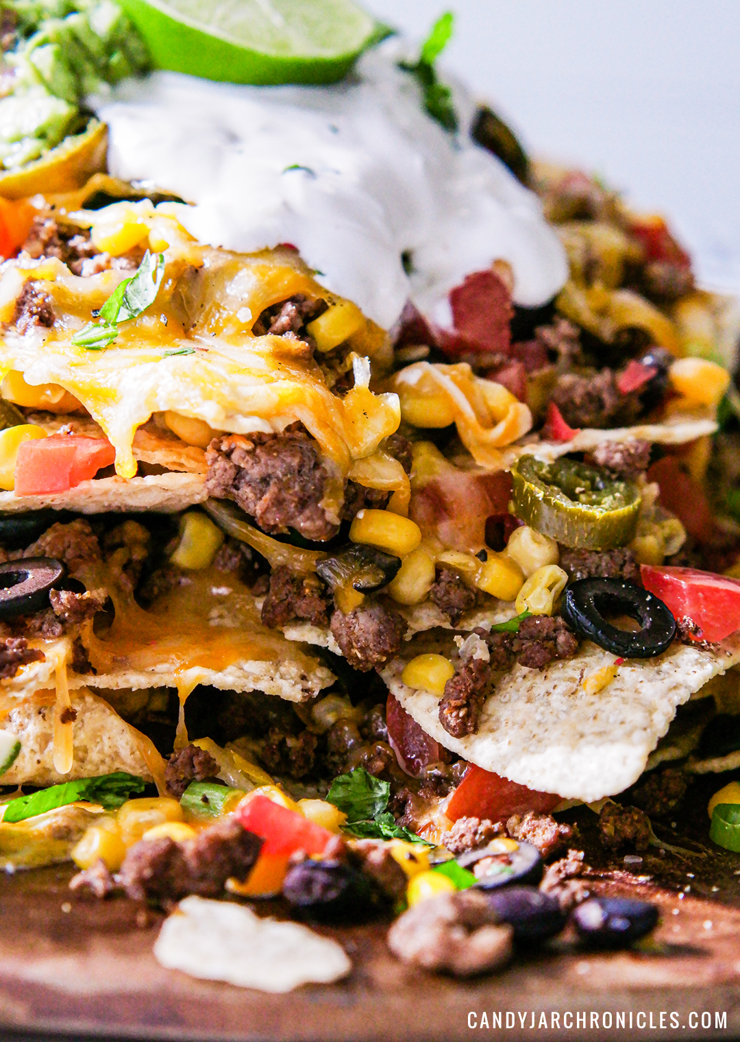 Loaded Mile-High Beef Nachos - Candy Jar Chronicles